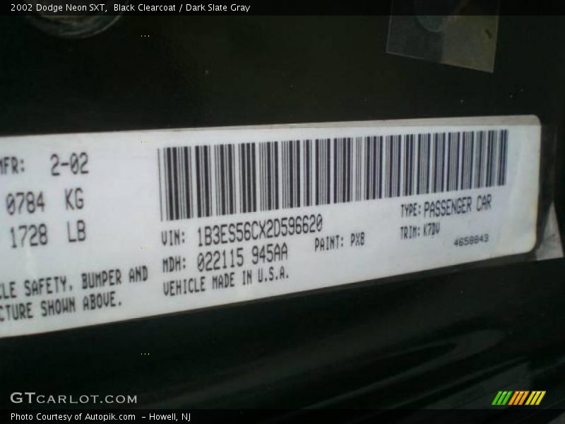 Black Clearcoat / Dark Slate Gray 2002 Dodge Neon SXT