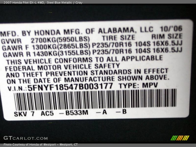 Steel Blue Metallic / Gray 2007 Honda Pilot EX-L 4WD