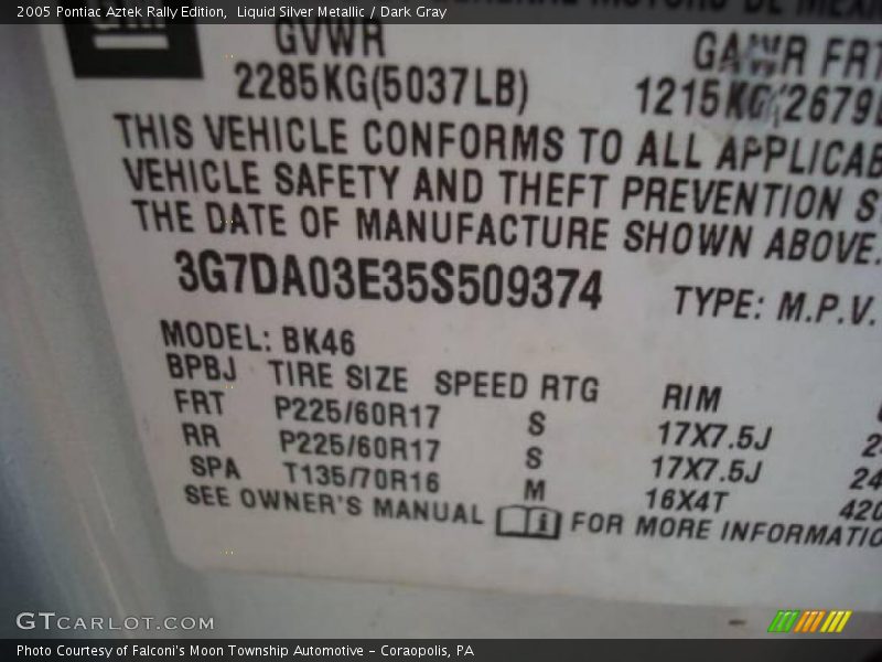 Liquid Silver Metallic / Dark Gray 2005 Pontiac Aztek Rally Edition