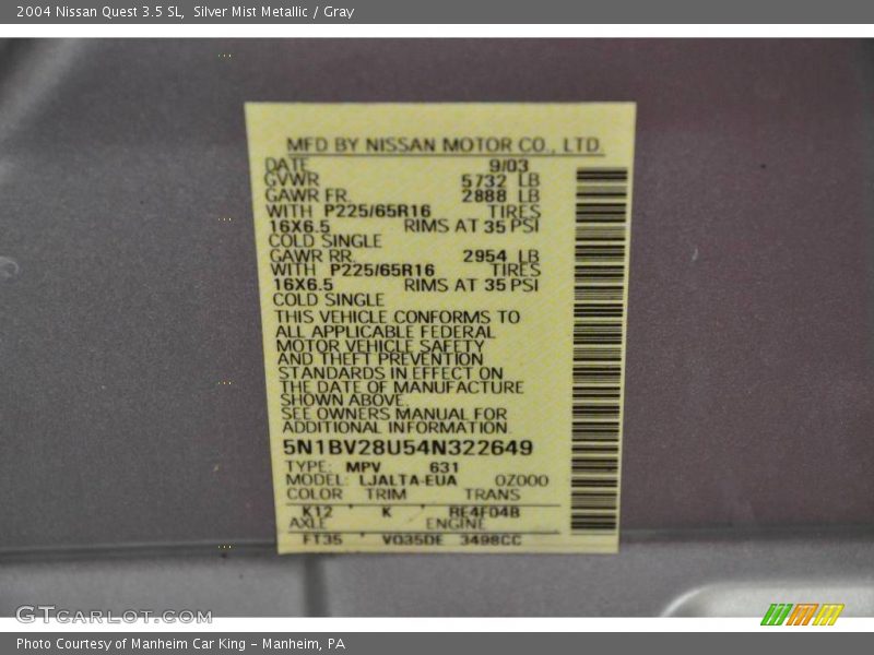 Silver Mist Metallic / Gray 2004 Nissan Quest 3.5 SL