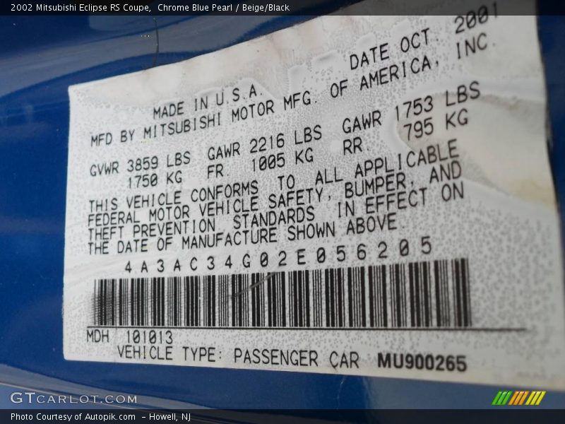 Chrome Blue Pearl / Beige/Black 2002 Mitsubishi Eclipse RS Coupe