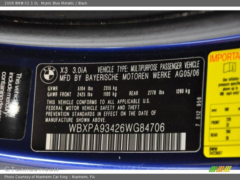 Mystic Blue Metallic / Black 2006 BMW X3 3.0i