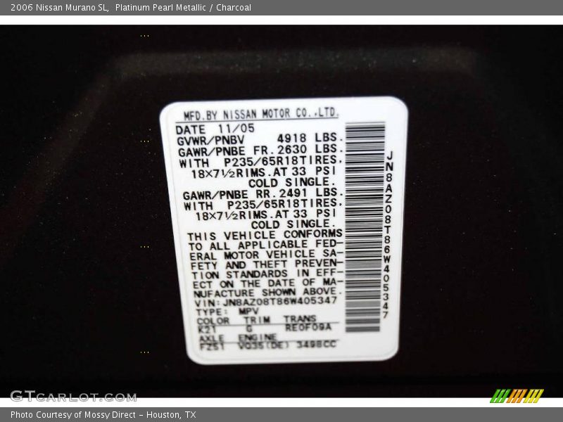 Platinum Pearl Metallic / Charcoal 2006 Nissan Murano SL