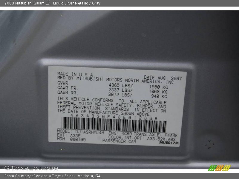 Liquid Silver Metallic / Gray 2008 Mitsubishi Galant ES