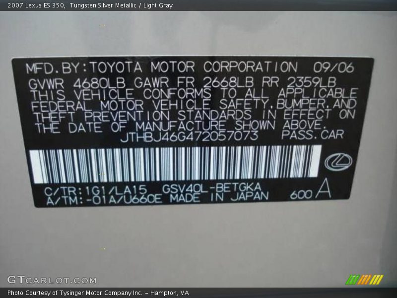 Tungsten Silver Metallic / Light Gray 2007 Lexus ES 350