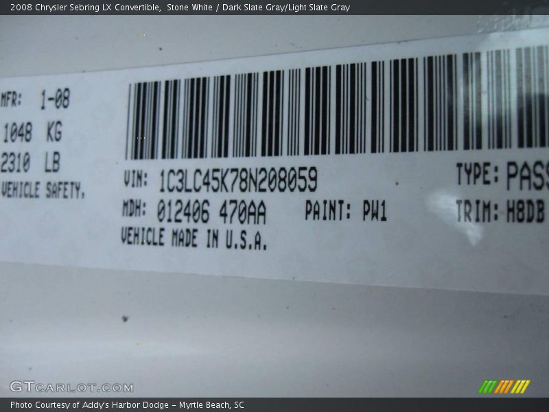 Stone White / Dark Slate Gray/Light Slate Gray 2008 Chrysler Sebring LX Convertible