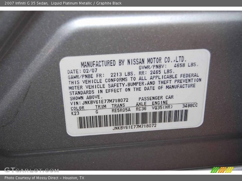 Liquid Platinum Metallic / Graphite Black 2007 Infiniti G 35 Sedan