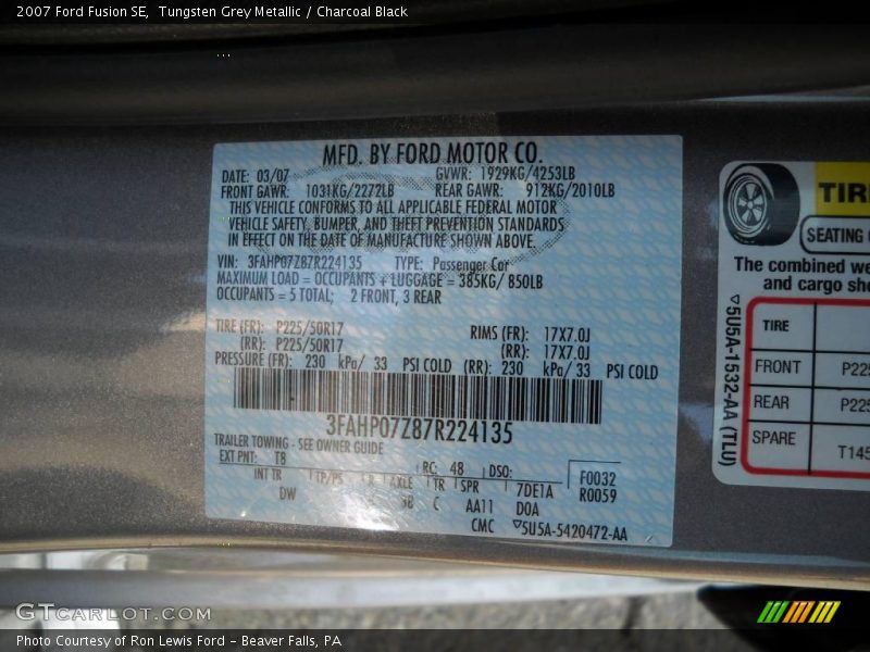 Tungsten Grey Metallic / Charcoal Black 2007 Ford Fusion SE