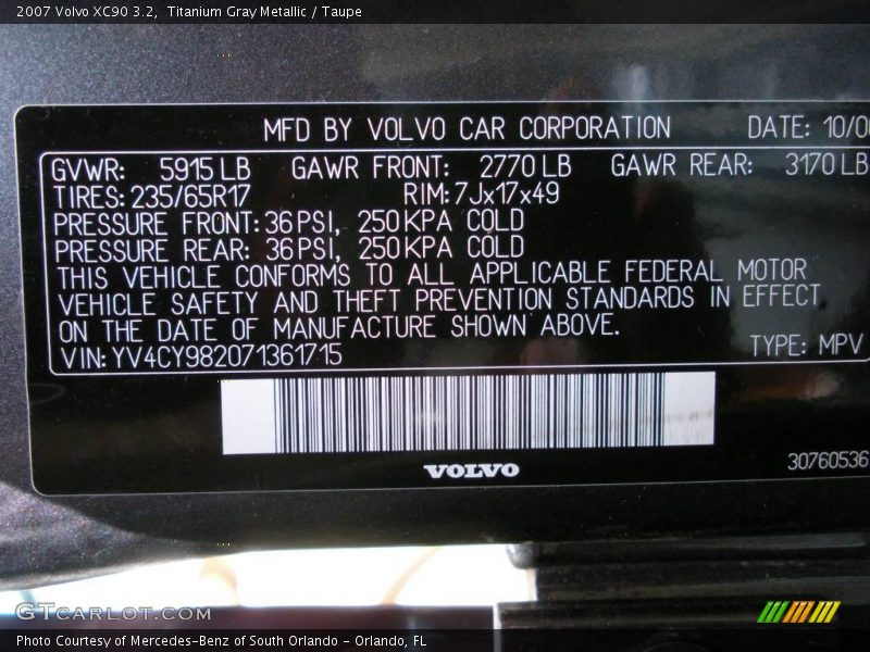 Titanium Gray Metallic / Taupe 2007 Volvo XC90 3.2