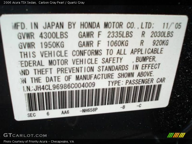 Carbon Gray Pearl / Quartz Gray 2006 Acura TSX Sedan