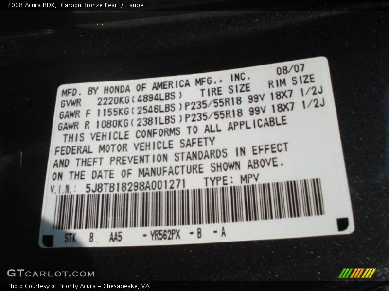 Carbon Bronze Pearl / Taupe 2008 Acura RDX
