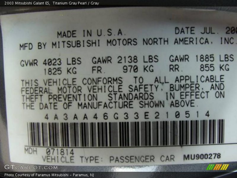 Titanium Gray Pearl / Gray 2003 Mitsubishi Galant ES