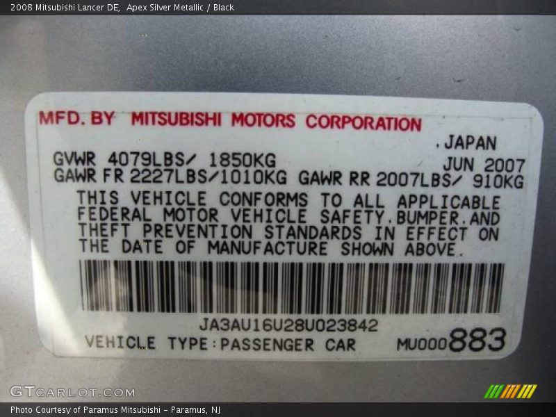 Apex Silver Metallic / Black 2008 Mitsubishi Lancer DE