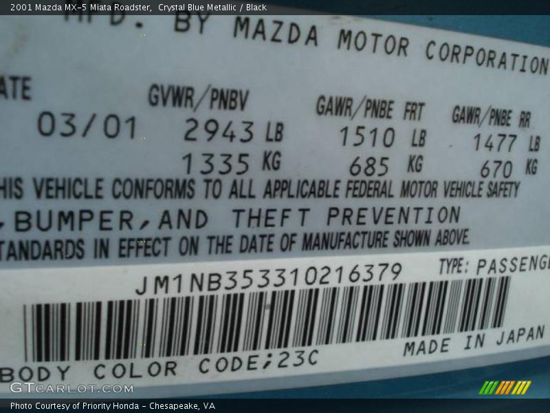 Crystal Blue Metallic / Black 2001 Mazda MX-5 Miata Roadster