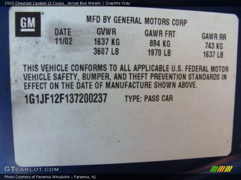 Arrival Blue Metallic / Graphite Gray 2003 Chevrolet Cavalier LS Coupe
