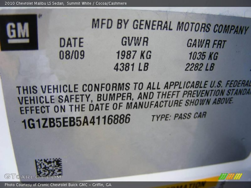 Summit White / Cocoa/Cashmere 2010 Chevrolet Malibu LS Sedan