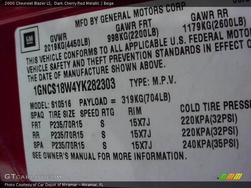 Dark Cherry Red Metallic / Beige 2000 Chevrolet Blazer LS