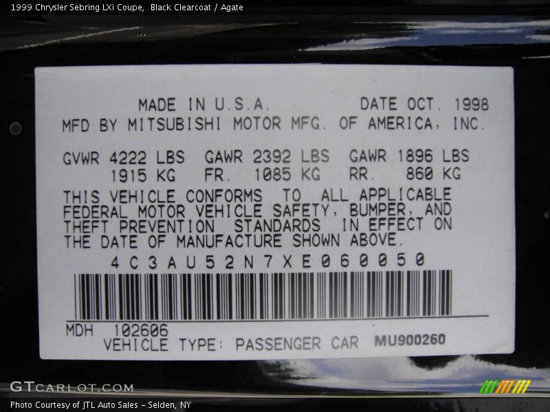 Black Clearcoat / Agate 1999 Chrysler Sebring LXi Coupe