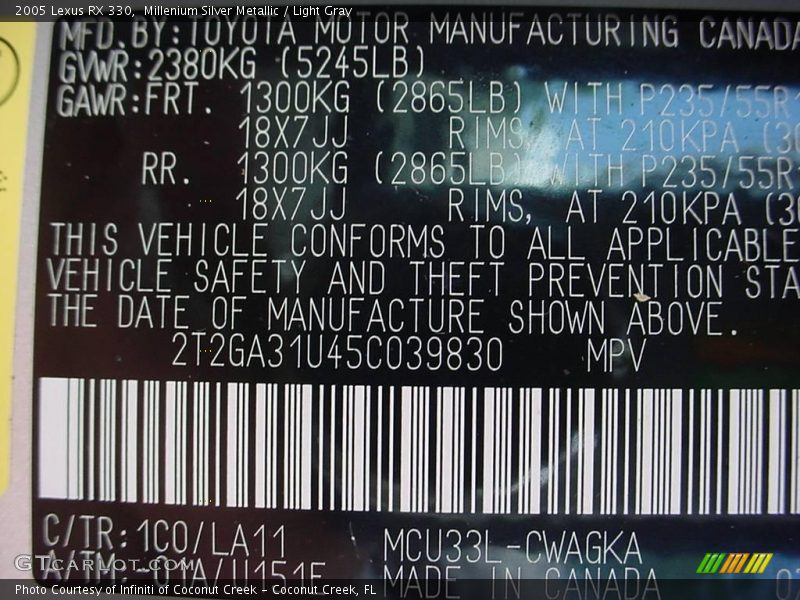 Millenium Silver Metallic / Light Gray 2005 Lexus RX 330