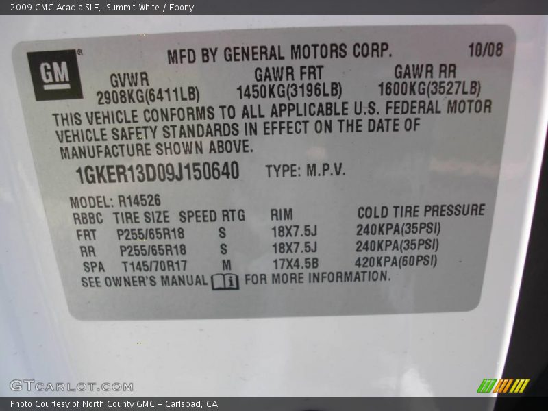 Summit White / Ebony 2009 GMC Acadia SLE