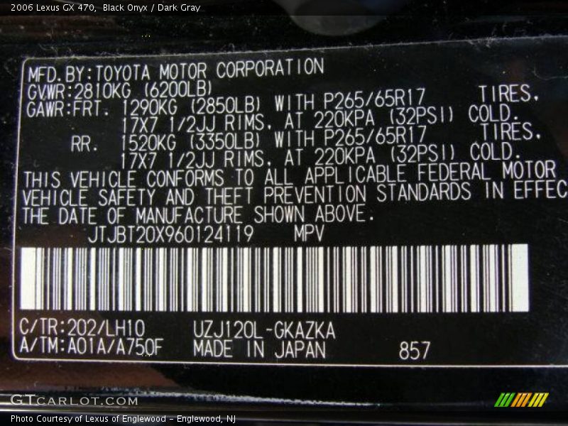 Black Onyx / Dark Gray 2006 Lexus GX 470