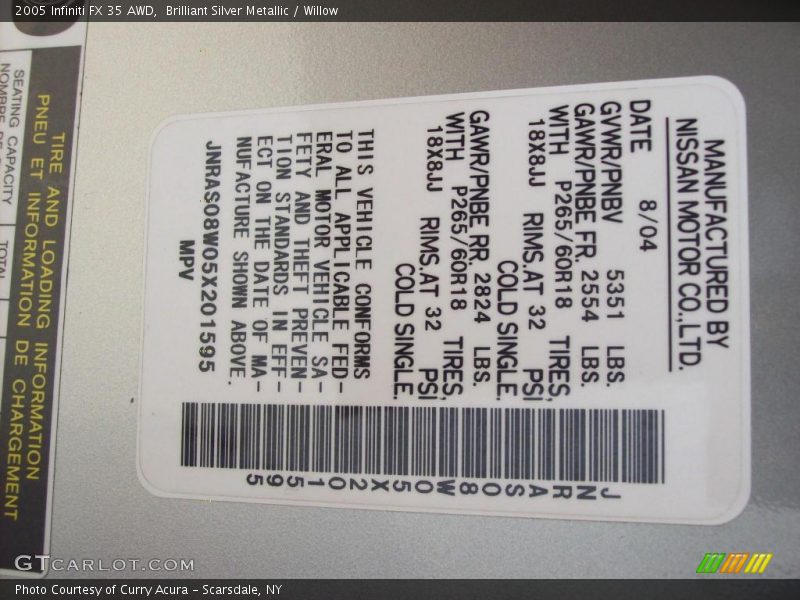 Brilliant Silver Metallic / Willow 2005 Infiniti FX 35 AWD