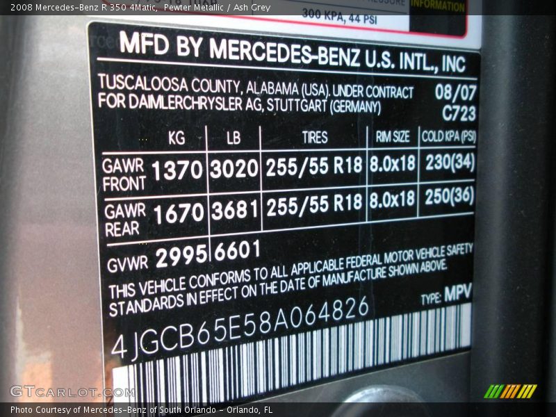 Pewter Metallic / Ash Grey 2008 Mercedes-Benz R 350 4Matic