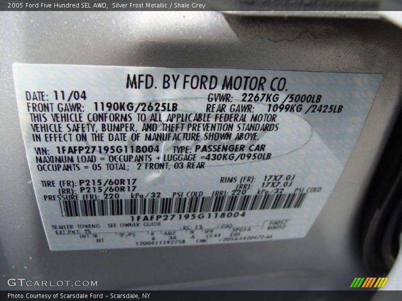 Silver Frost Metallic / Shale Grey 2005 Ford Five Hundred SEL AWD