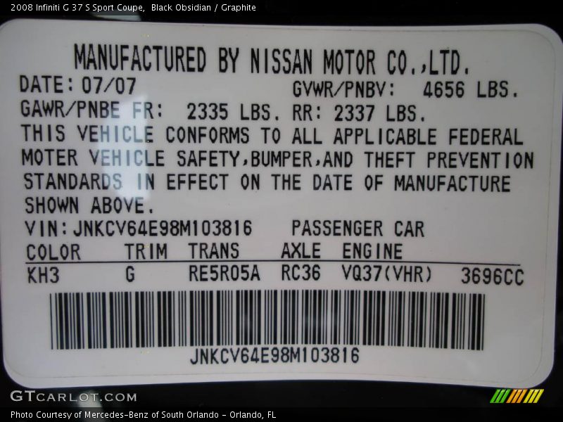 Black Obsidian / Graphite 2008 Infiniti G 37 S Sport Coupe