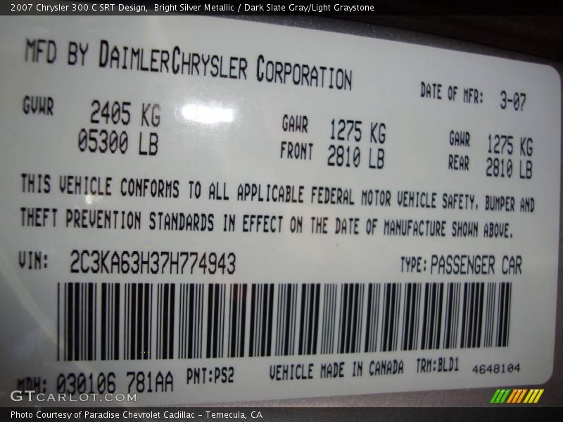 Bright Silver Metallic / Dark Slate Gray/Light Graystone 2007 Chrysler 300 C SRT Design