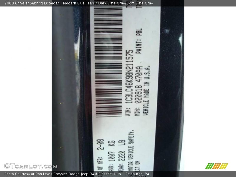 Modern Blue Pearl / Dark Slate Gray/Light Slate Gray 2008 Chrysler Sebring LX Sedan