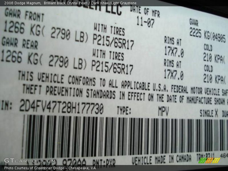 Brilliant Black Crystal Pearl / Dark Khaki/Light Graystone 2008 Dodge Magnum