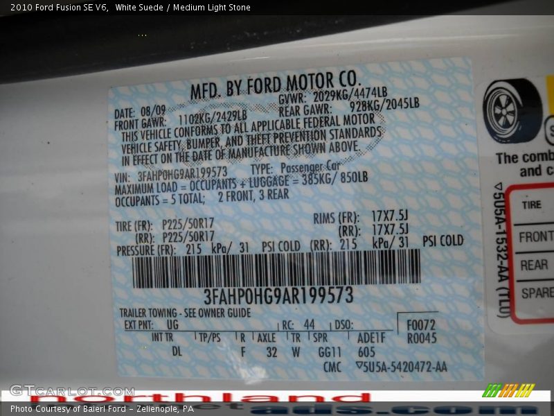 White Suede / Medium Light Stone 2010 Ford Fusion SE V6