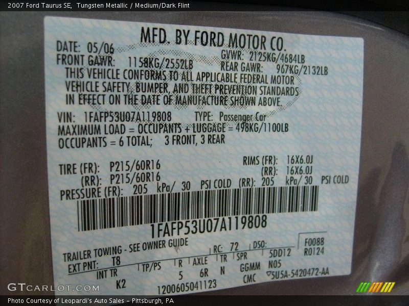 Tungsten Metallic / Medium/Dark Flint 2007 Ford Taurus SE