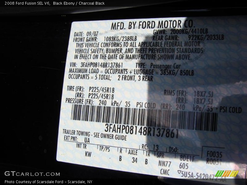 Black Ebony / Charcoal Black 2008 Ford Fusion SEL V6