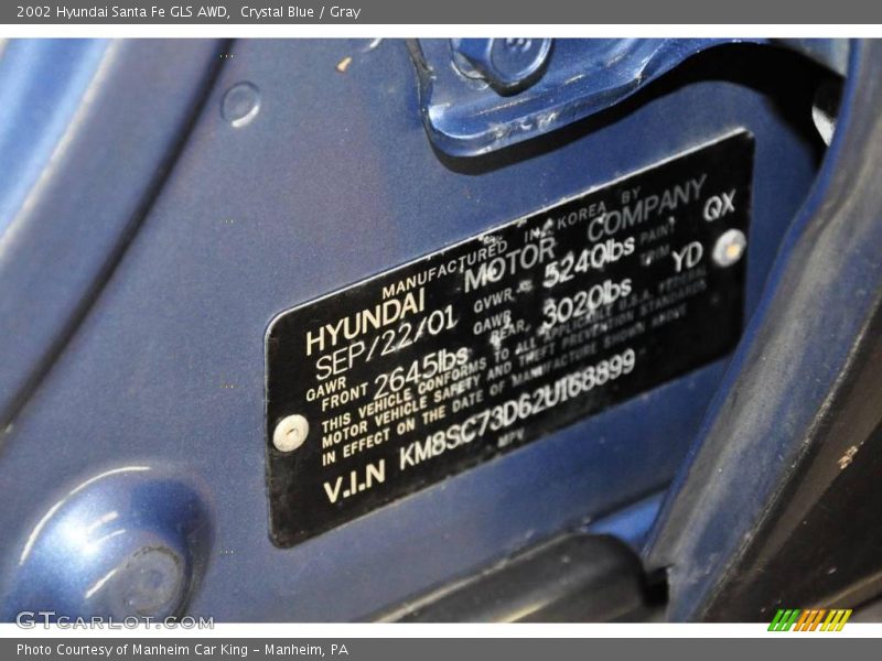Crystal Blue / Gray 2002 Hyundai Santa Fe GLS AWD