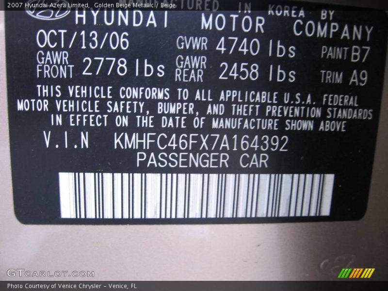 Golden Beige Metallic / Beige 2007 Hyundai Azera Limited