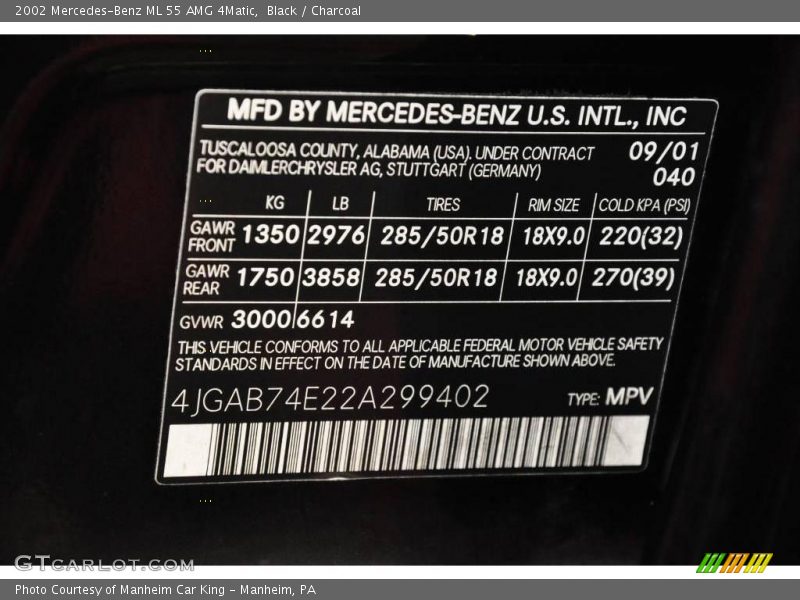 Black / Charcoal 2002 Mercedes-Benz ML 55 AMG 4Matic