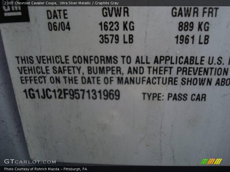 Ultra Silver Metallic / Graphite Gray 2005 Chevrolet Cavalier Coupe