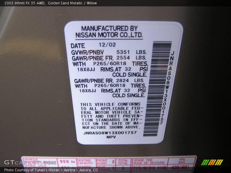 Golden Sand Metallic / Willow 2003 Infiniti FX 35 AWD
