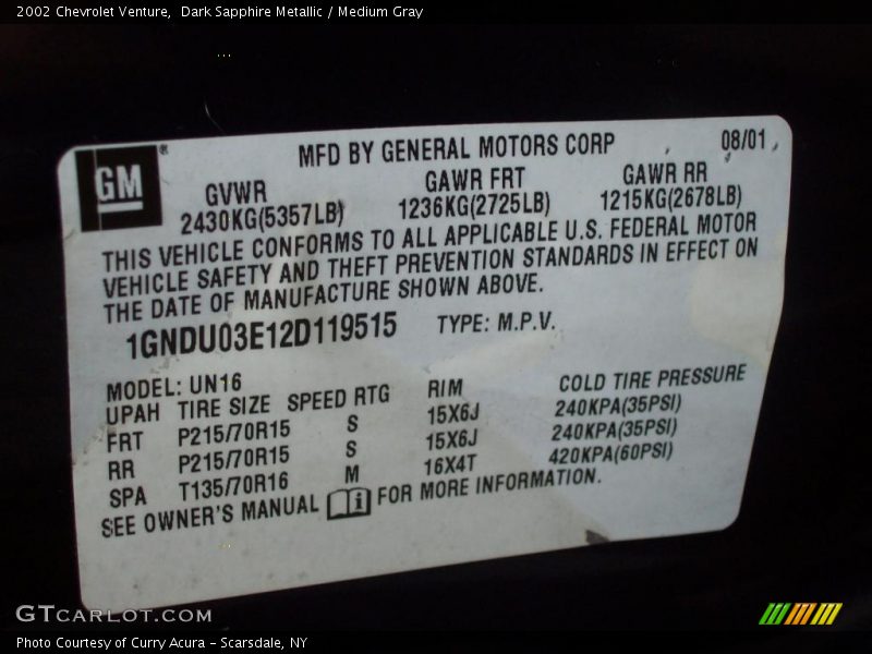 Dark Sapphire Metallic / Medium Gray 2002 Chevrolet Venture
