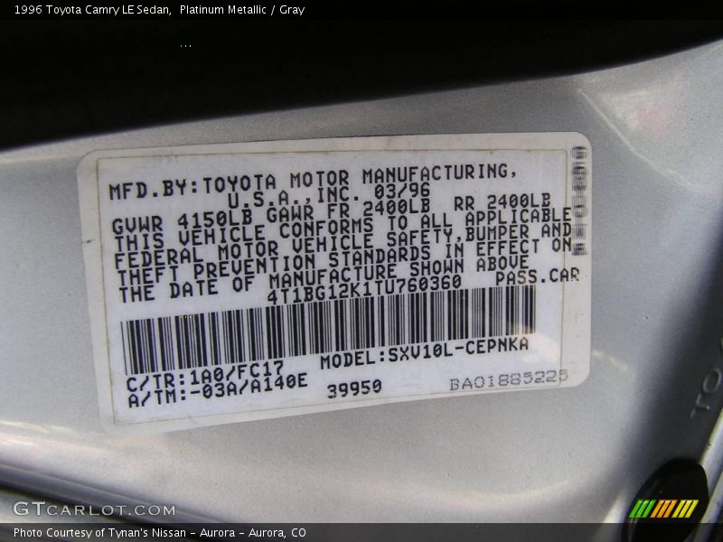 Platinum Metallic / Gray 1996 Toyota Camry LE Sedan