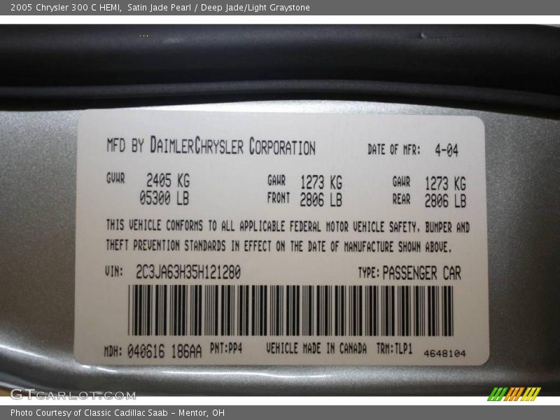 Satin Jade Pearl / Deep Jade/Light Graystone 2005 Chrysler 300 C HEMI