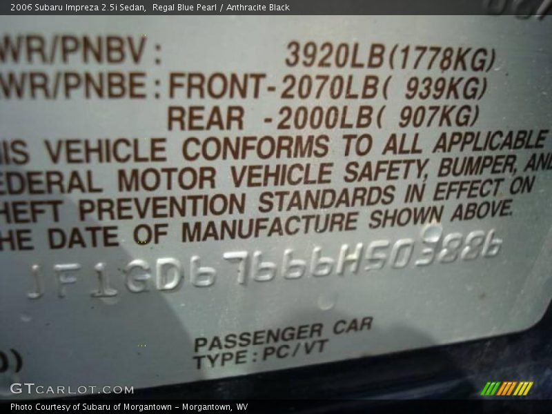 Regal Blue Pearl / Anthracite Black 2006 Subaru Impreza 2.5i Sedan