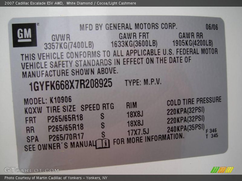 White Diamond / Cocoa/Light Cashmere 2007 Cadillac Escalade ESV AWD
