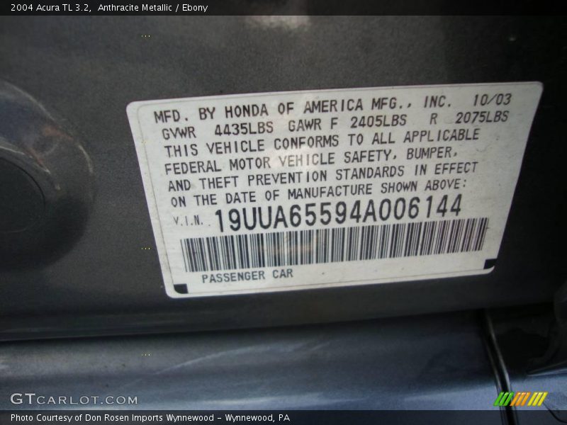 Anthracite Metallic / Ebony 2004 Acura TL 3.2