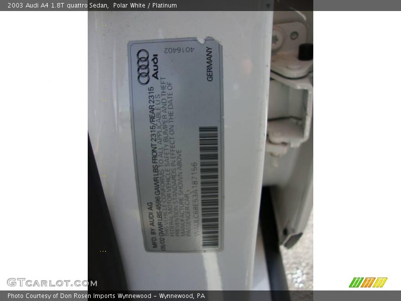 Polar White / Platinum 2003 Audi A4 1.8T quattro Sedan