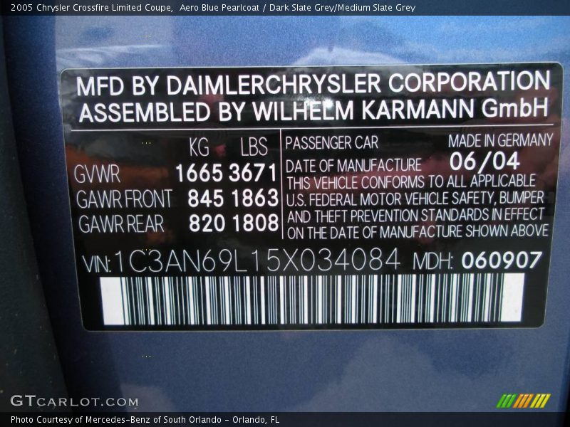 Info Tag of 2005 Crossfire Limited Coupe