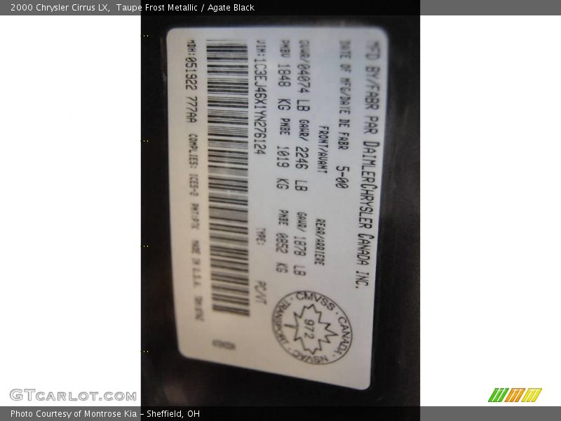 Taupe Frost Metallic / Agate Black 2000 Chrysler Cirrus LX