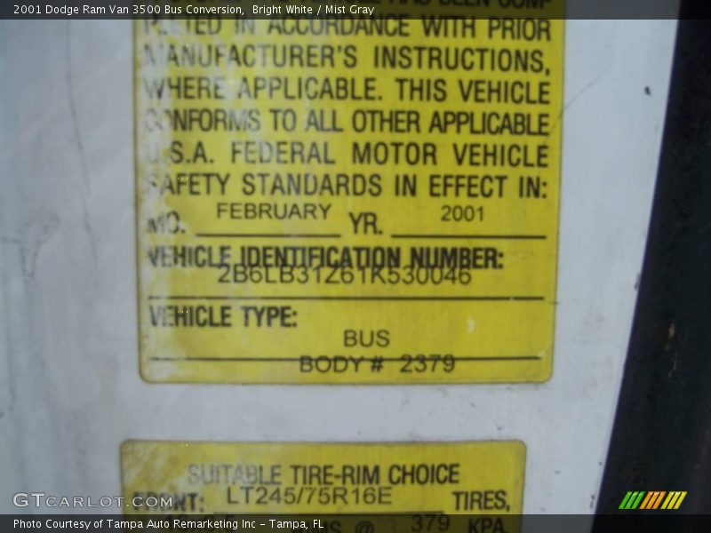 Bright White / Mist Gray 2001 Dodge Ram Van 3500 Bus Conversion